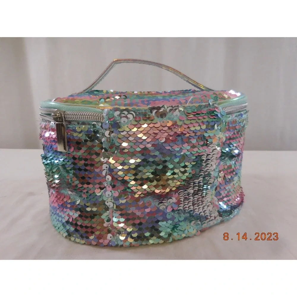Girl's Justice Gold Flip Sequin Initial M Train Case Jewelry Makeup Case‎ Bag